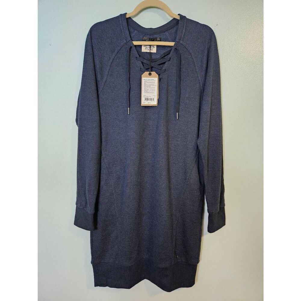 Prana Navy Midi Dress with Lace-Up Neckline
